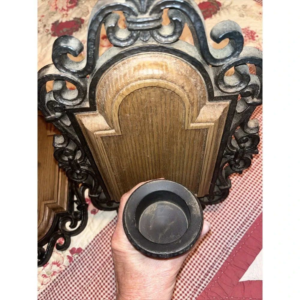 MCM Wall Sconce Candle Holders Faux ‎ Wood Faux Metal Syroco LXXI (1971) Gothic
